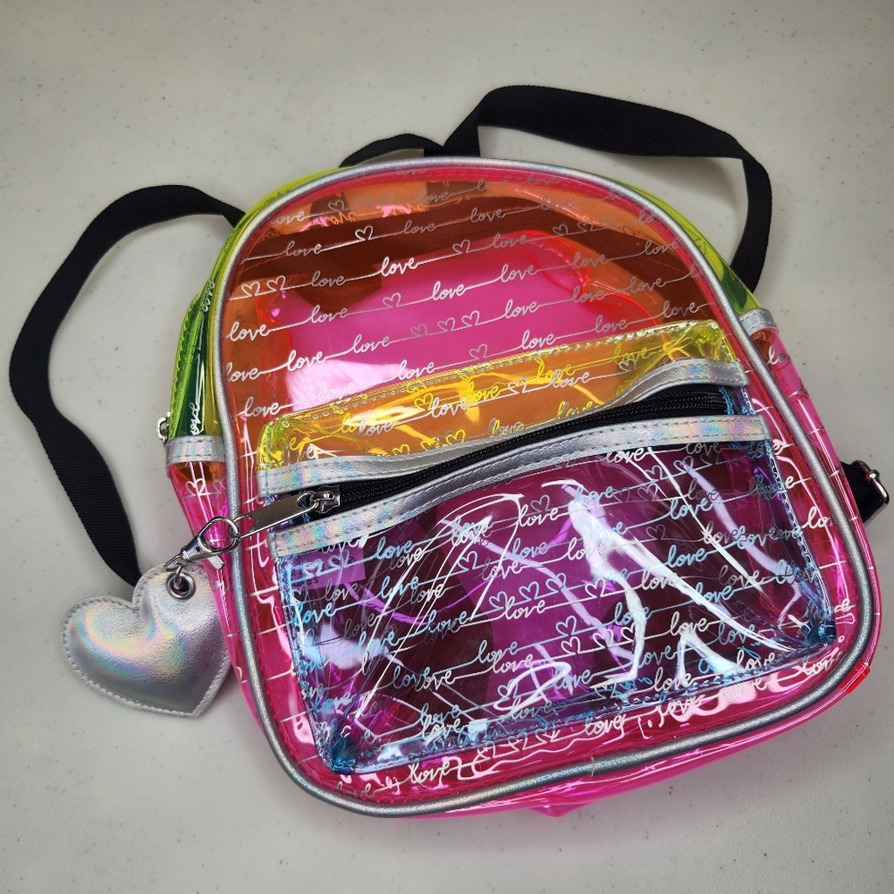 Clear Flourescent Neon Love Print Mini Backpack with Heart Charm